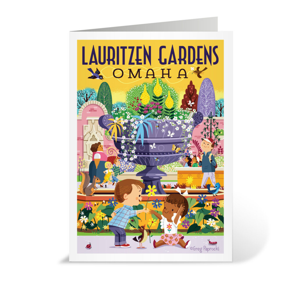 A colorful illustrated card depicting Lauritzen Gardens in Omaha, with children playing near a large decorative fountain, surrounded by blooming flowers, lush greenery, and people enjoying the garden.