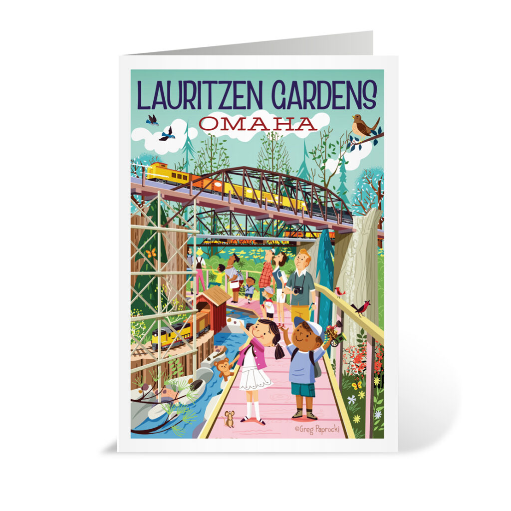 Illustrated card featuring Lauritzen Gardens in Omaha. People, children, ducks, and a dog walk along a garden path under a bridge with a train, surrounded by flowers, trees, and butterflies.
