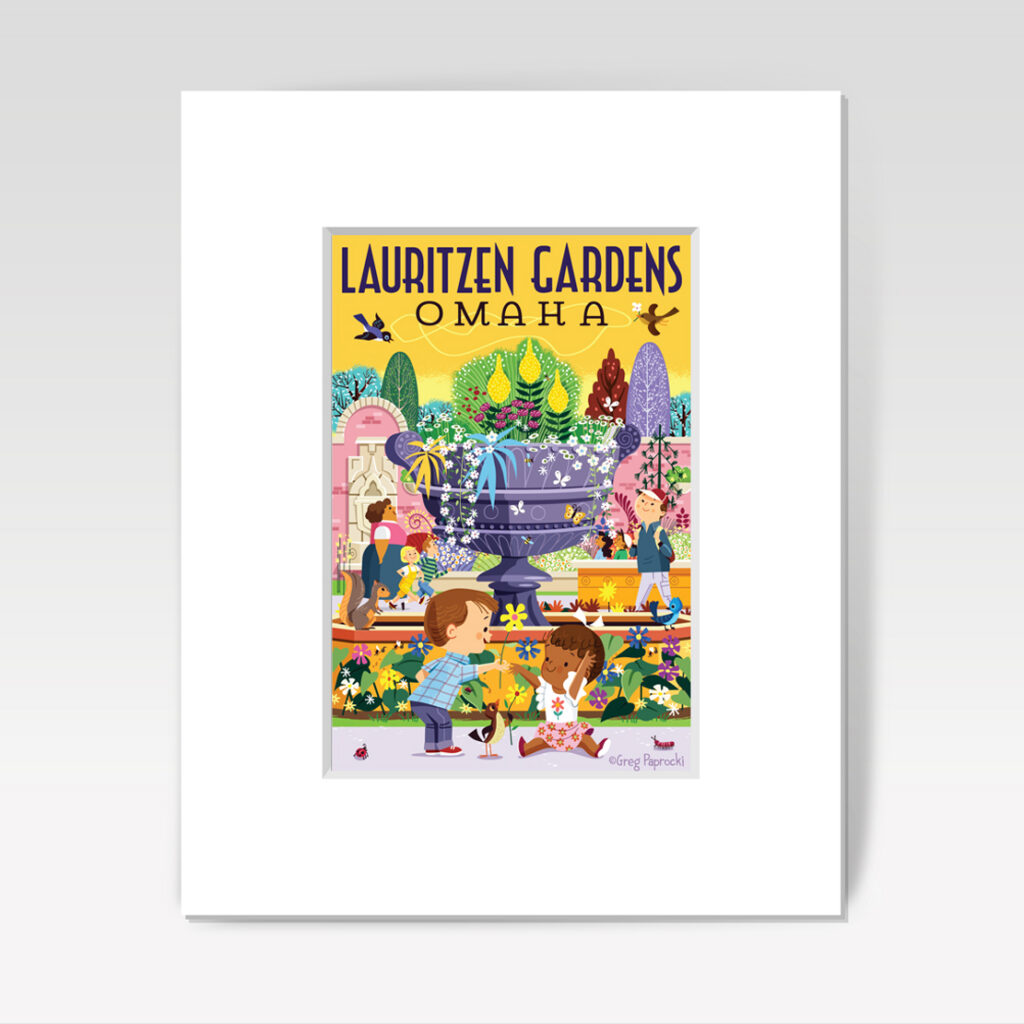 Colorful illustration of Lauritzen Gardens in Omaha shows families and children enjoying a vibrant garden with flowers, trees, and a large central fountain, under a sunny sky with birds flying above.