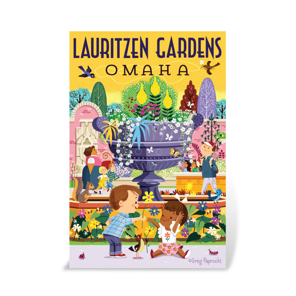 Illustrated poster for Lauritzen Gardens in Omaha, featuring children playing near a large decorative fountain surrounded by colorful flowers, plants, birds, and butterflies, with a bright, cheerful background.
