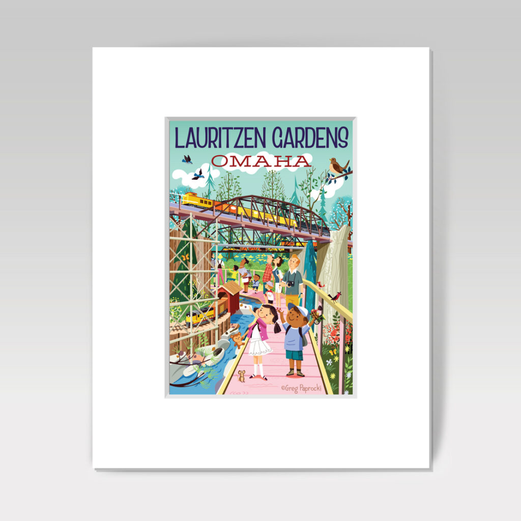 A colorful illustrated poster of Lauritzen Gardens in Omaha shows people walking on paths, a train passing above, lush greenery, flowers, and birds in the sky. The text at the top reads LAURITZEN GARDENS OMAHA.