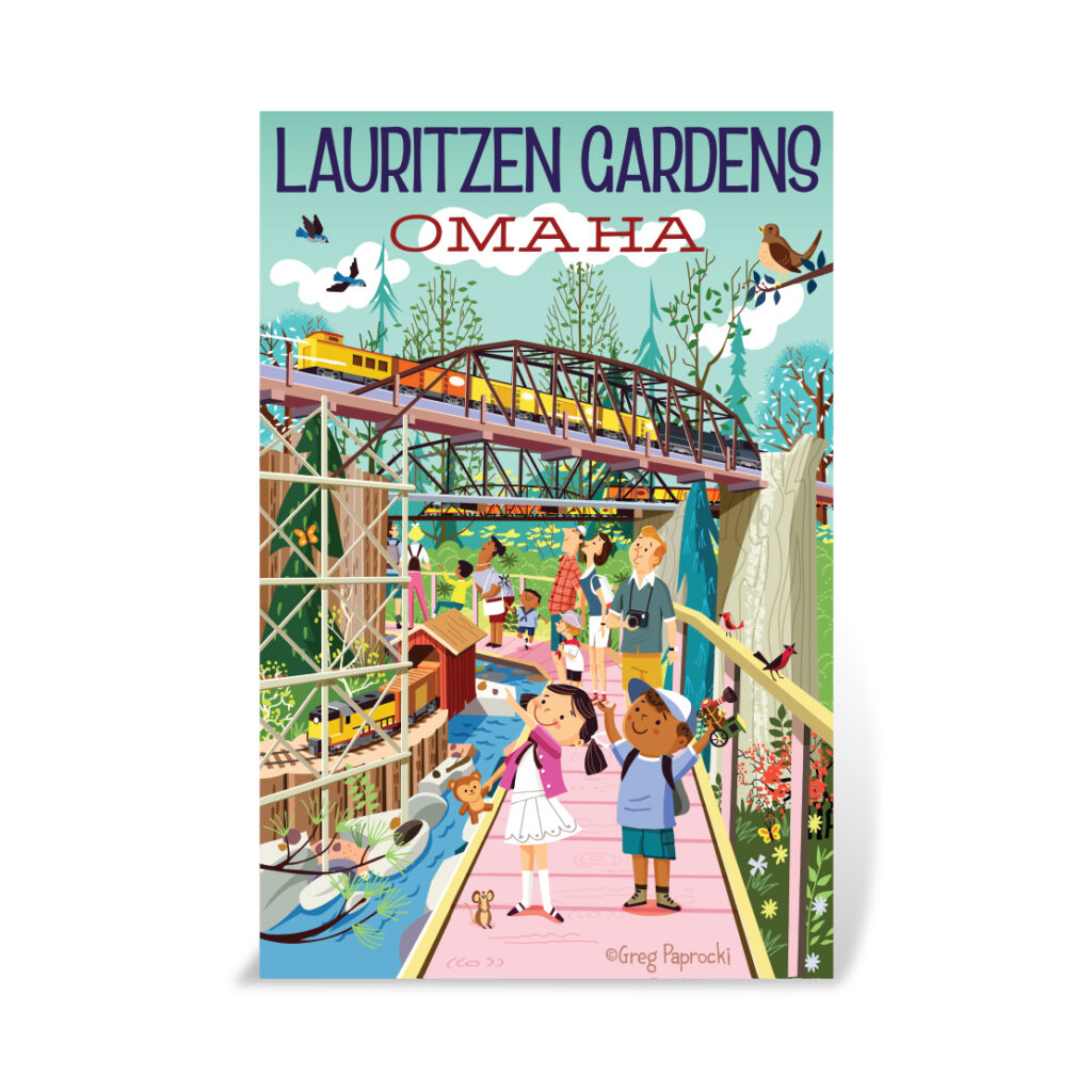 Illustrated poster of Lauritzen Gardens in Omaha showing families and children exploring gardens, flowers, birds, a bridge with a train, and lush greenery under a blue sky. Text reads “Lauritzen Gardens, Omaha.”.