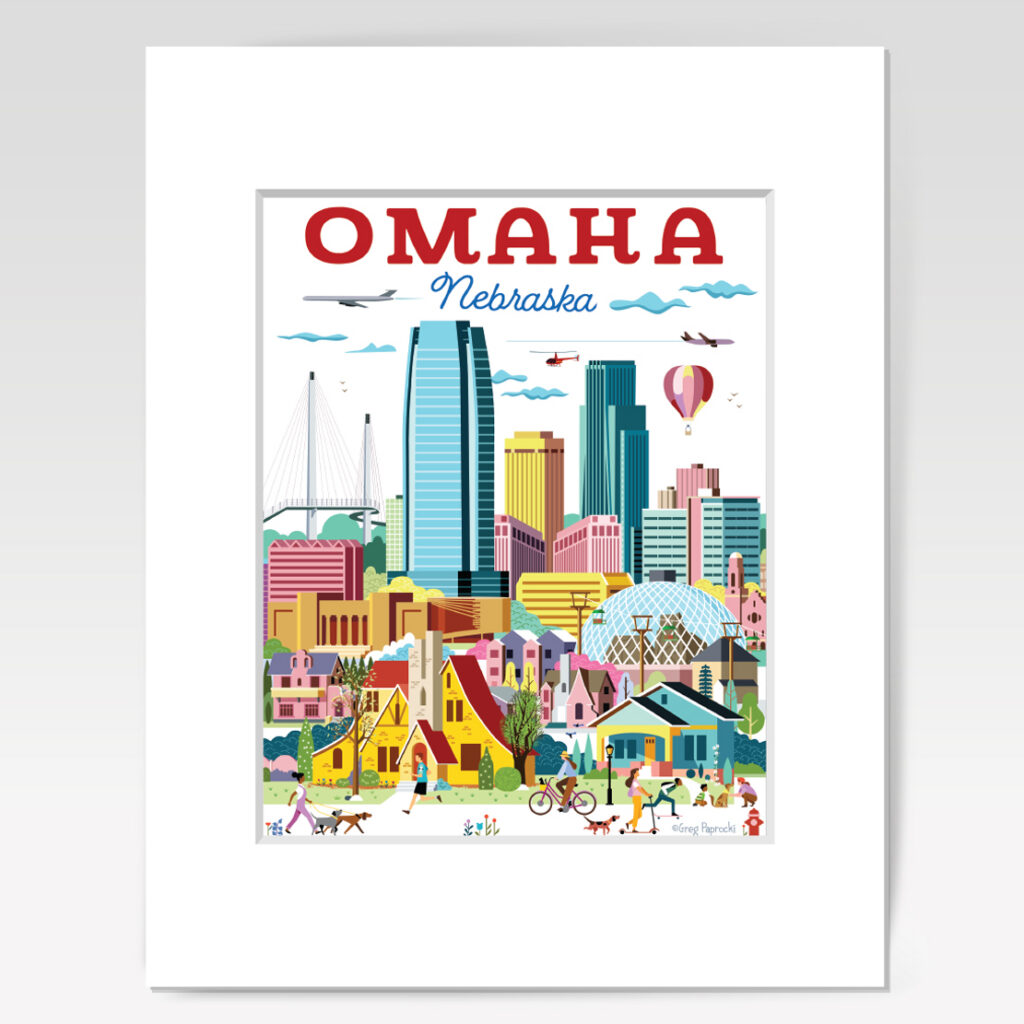 Illustration of Omaha, Nebraska featuring downtown skyscrapers, a bridge, hot air balloon, residential houses, people walking and biking, dogs, trees, and a clear sky with birds. The text reads Omaha Nebraska.