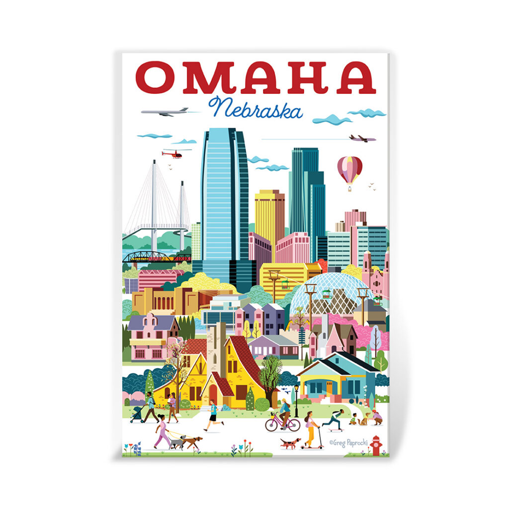 Colorful illustrated poster of Omaha, Nebraska, featuring city skyscrapers, distinct buildings, a bridge, hot air balloon, and people walking, cycling, and playing in a lively park setting in the foreground.