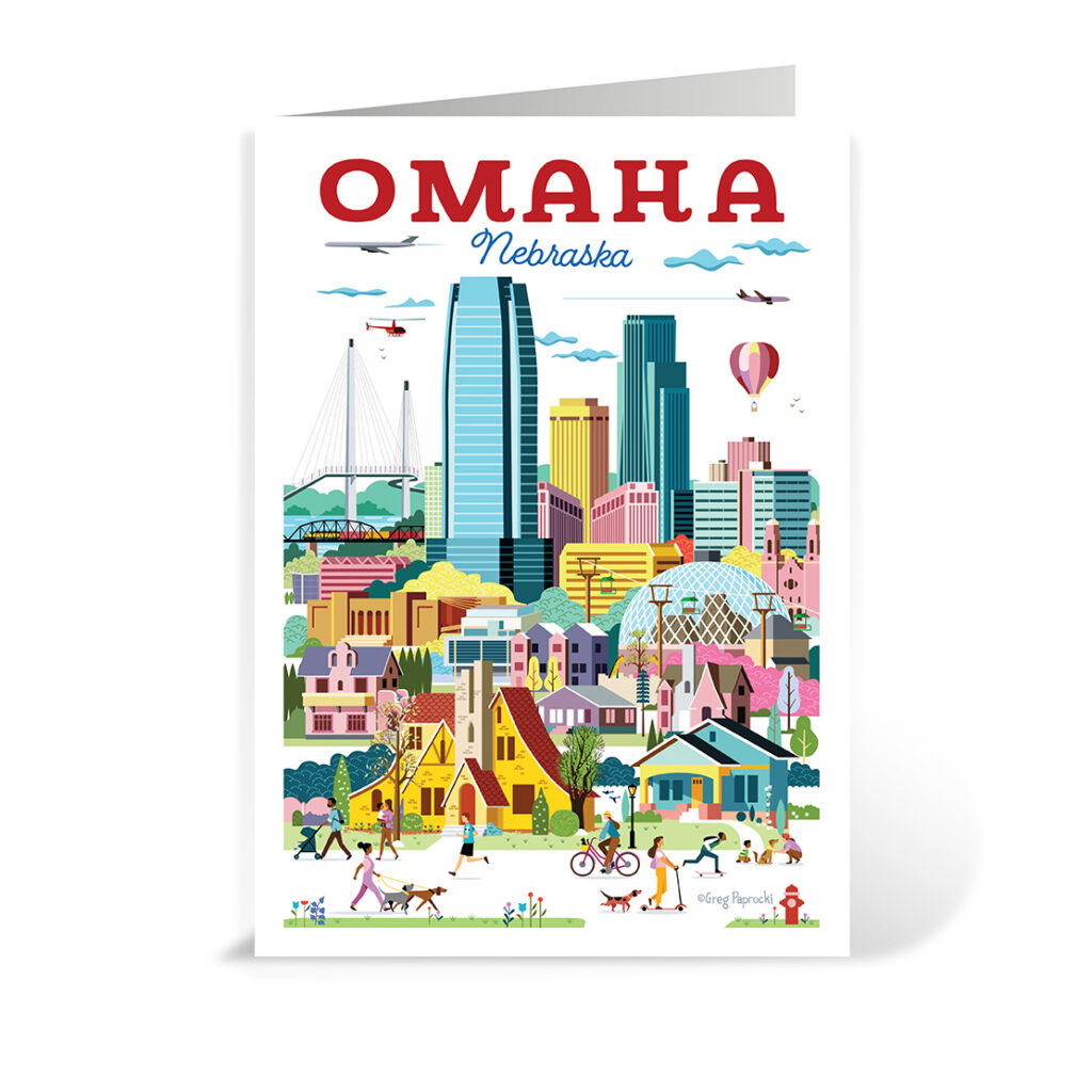 Illustrated postcard of Omaha, Nebraska, featuring a vibrant cityscape with tall buildings, a bridge, hot air balloon, trees, houses, and people walking, biking, and playing outside. OMAHA Nebraska is written at the top.