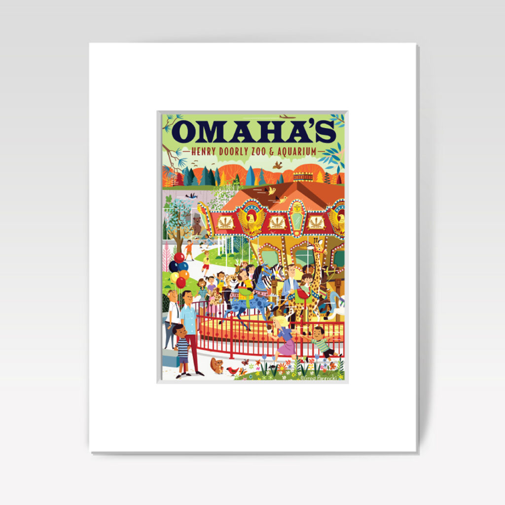 Framed illustrated poster of Omaha’s Henry Doorly Zoo & Aquarium featuring people, animals, balloons, and a carousel in a lively, colorful outdoor scene. The word “OMAHA’S” is prominent at the top.