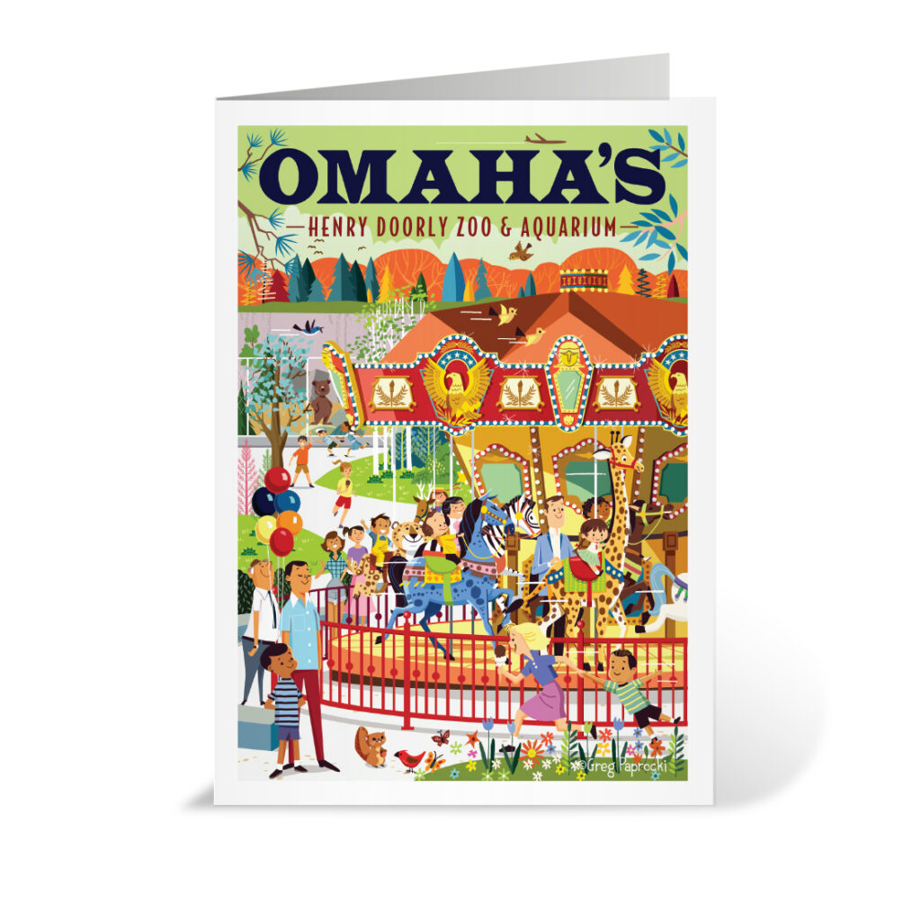 Illustrated postcard featuring families and children riding a colorful carousel at Omaha’s Henry Doorly Zoo & Aquarium. People enjoy balloons and animals, with vibrant decorations and greenery in the background.