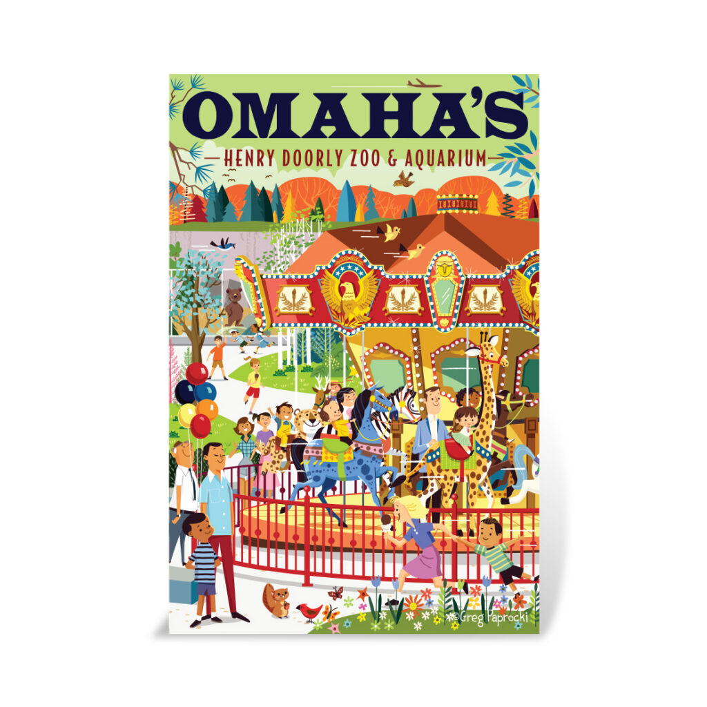 Illustrated poster of Omaha’s Henry Doorly Zoo & Aquarium featuring families and children enjoying a lively carousel ride, surrounded by balloons, animals, autumn trees, and vibrant decorations.